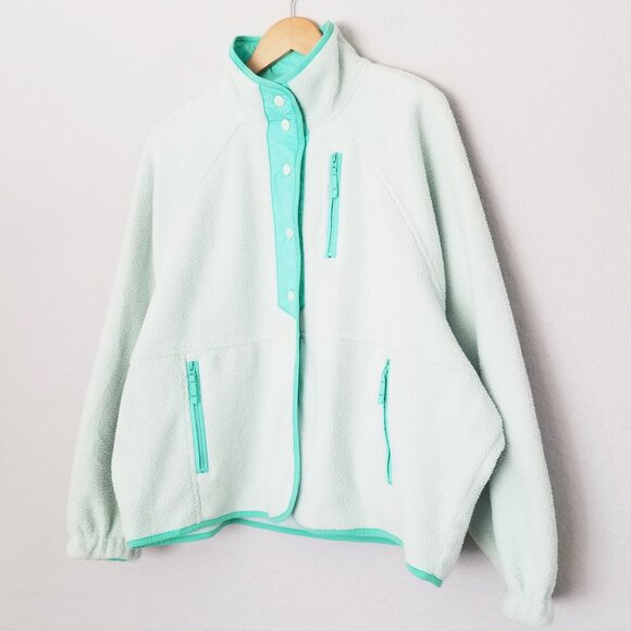 American Eagle Overesized Fleece Sherpa Snap Jacket Size M Mint Green Sea Foam - Picture 2 of 16